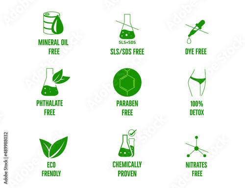 SLS SDS free, paraben-free, mineral oil-free, 100% detox, eco friendly, dye, phthalate-free, chemically proven icon, nitrates free, logo, icon set vector illustration 