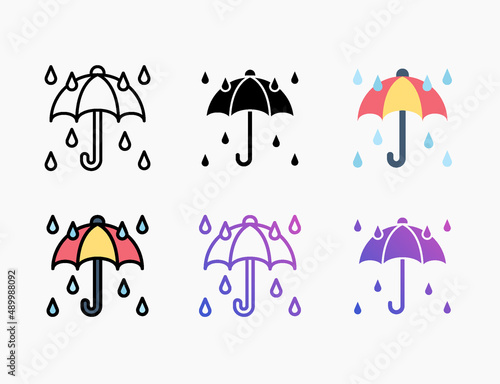 Umbrella with rain icon set with different styles. Editable stroke and pixel perfect. Can be used for digital product, presentation, print design and more.