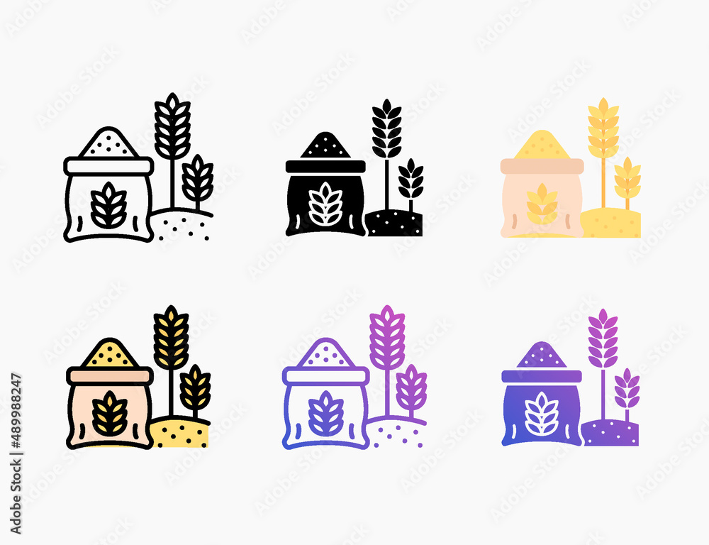 Wheat sack icon set with different styles. Style line, outline, flat, glyph, color, gradient. Editable stroke and pixel perfect. Can be used for digital product, presentation, print design and more.