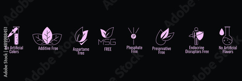 no artificial colors, additive-free, aspartame free, msg, phosphate-free, preservative-free, endocrine disruptors free, no artificial flavors icon set