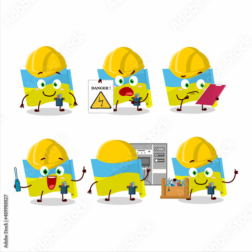Professional Lineman ukraine flag cartoon character with tools