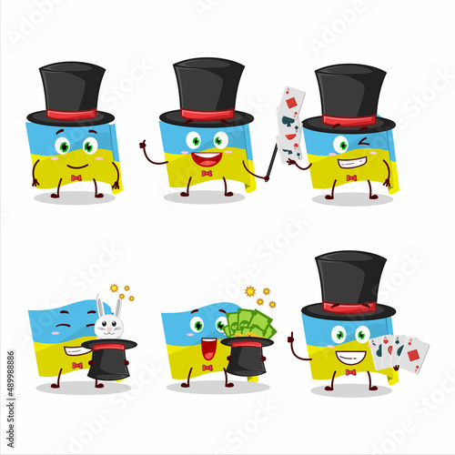 A ukraine flag Magician cartoon character perform on a stage