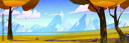 Cartoon autumn nature mountain landscape, rural scene with clear pond, field with yellow grass, orange trees and rocks under blue sky with fluffy clouds, scenery natural background Vector illustration