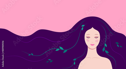 Beautiful Woman with leaves in her hair. Place for text. Face glamor girl with lovely thick long hair. The mood of relaxation, harmony, peace. Hand drawn colorful vector flat stock illustration.