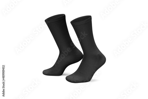 Pair of black cotton socks isolated on white. Set of short socks for sports as mock up and label for advertising, logo, branding.