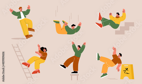People fall down from high, ladder, stool, slip on wet floor or stumble. Vector flat illustration of caution sign and men and women falling with injury risk. Character slide on stairs and drop