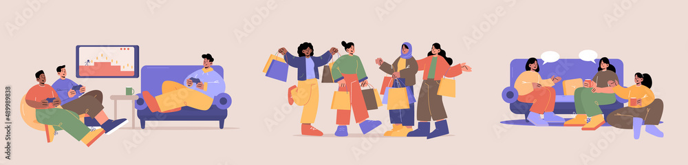 Friends meeting for hobby, play computer game, drink tea or coffee, shopping together. Vector flat illustrations of group of multiracial people talking, sitting on sofa with cups, shop with bags