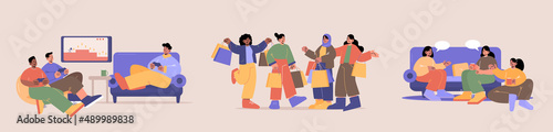 Friends meeting for hobby, play computer game, drink tea or coffee, shopping together. Vector flat illustrations of group of multiracial people talking, sitting on sofa with cups, shop with bags