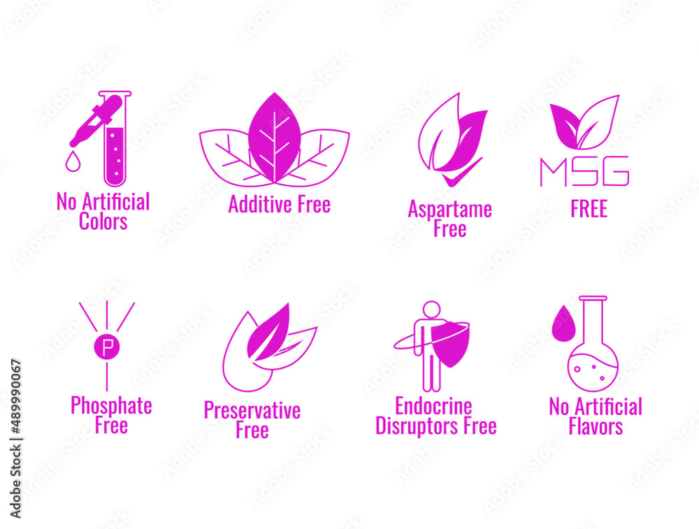 no artificial colors, additive-free, aspartame free, msg, phosphate, preservatives free, endocrine disruptors free, no artificial flavors icon set vector illustration 