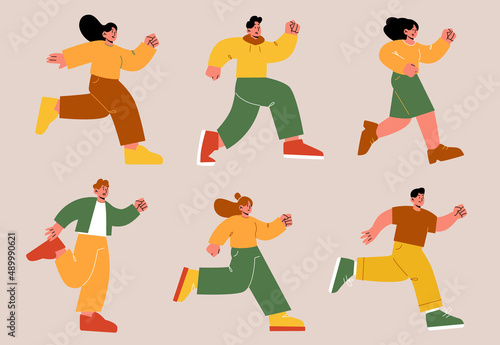 Running people, men and women run marathon, race competition, hurry for shopping sale or late at work. Male and female characters active lifestyle, sport jogging exercises Line art vector illustration