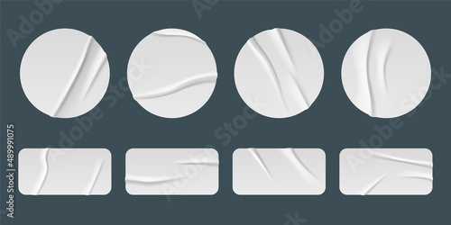 White stickers, glued paper patches and adhesive tapes with wrinkles. Vector realistic set of blank circle and rectangular sticky tags and labels with folds isolated on gray background