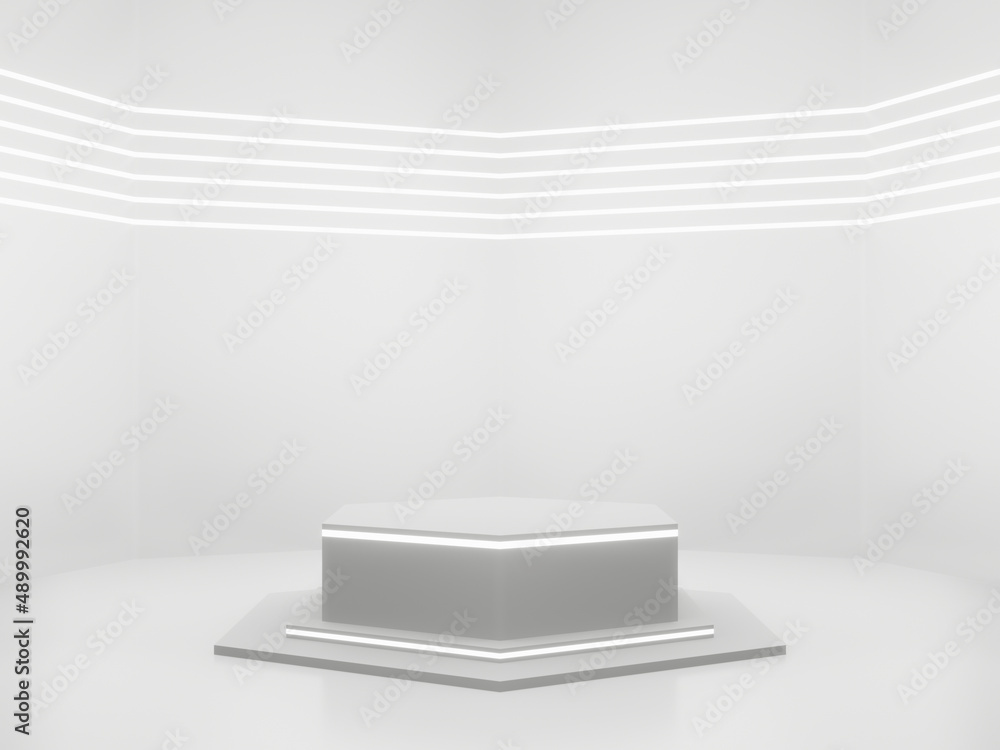 3D White Sci-Fi product stand mockup. Scientific podium with white neon lights. 3D White Sci-Fi product stand mockup. Scientific podium with white neon lights.