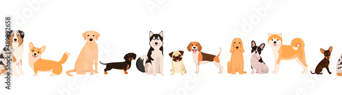 Seamless border with dogs on a white background. Cartoon design. Vector illustration.