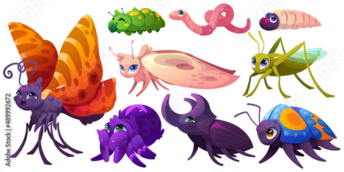 Cute insect characters, butterfly, caterpillar, spider, grasshopper, moth, worm and snail. Vector cartoon set of funny bugs, rhinoceros beetle, earthworm and maggot isolated on white background