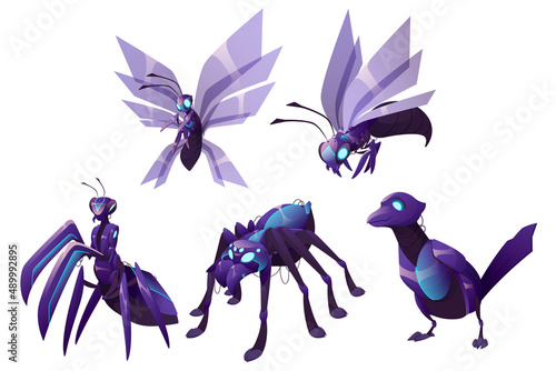 Robots animals magpie, wasp, bee, mantis and spider. Robotics mechanical monsters cyborgs bird and insects with glowing eyes and mechanical body. Cartoon futuristic weapon cyber machines, Vector set