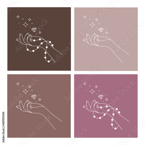 A lineart women hand with a jewelry and stars, miracle and a diamond, boho logo, design elements 