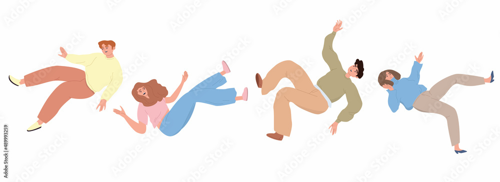 People are falling. Women and men are flying to the floor. A person in an unstable position. The concept of failure, problems. Cartoon vector illustration on an isolated white background. People are falling. Women and men are flying to the floor. A person in an unstable position. The concept of failure, problems. Cartoon vector illustration on an isolated white background.