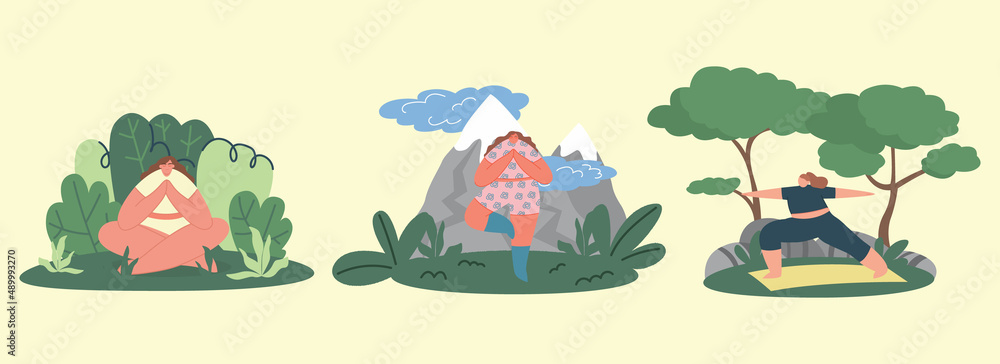 Young girls do yoga in nature. Female wellness classes on the fresh air. Women perform exercises against the background of vegetation, trees, mountains. Sports tourism.Cartoon vector flat illustration