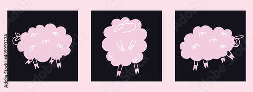 Bundle cute fluffy pink sheep walking in the grass. Cartoon character. Design of postcards, posters. Vector hand-drawn illustration in doodle style on an isolated black background.