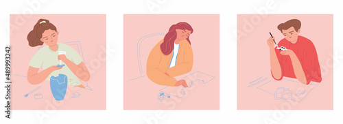 Various characters enjoy doing their hobby. Collects puzzles, paints miniatures, gluing kintsugi dishes. A person spends his leisure time. Cartoon vector illustration on an isolated white background.