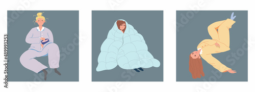 Different sad young girls. An unhappy female depressive character is consumed by grief. The woman is in a bad mood. Cartoon vector illustration on an isolated white background.