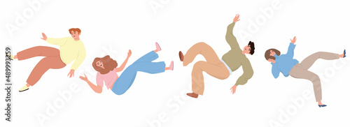 Fototapeta Naklejka Na Ścianę i Meble -  People are falling. Women and men are flying to the floor. A person in an unstable position. The concept of failure, problems. Cartoon vector illustration on an isolated white background.