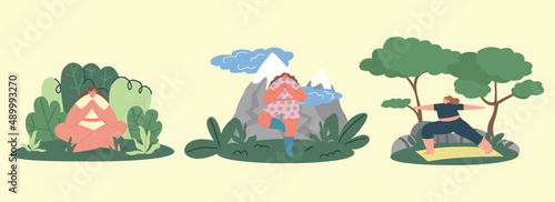 Young girls do yoga in nature. Female wellness classes on the fresh air. Women perform exercises against the background of vegetation, trees, mountains. Sports tourism.Cartoon vector flat illustration