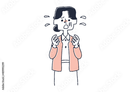 とても困っている女性看護師　コミカルな手書きの人物イラスト　ベクター線画にシンプルな色つけ　白バック