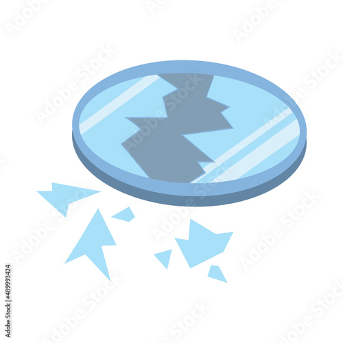 A broken mirror. Mirror fragments. The concept of superstition of unhappiness. Damaged mirror. Cartoon vector illustration on a white isolated background.