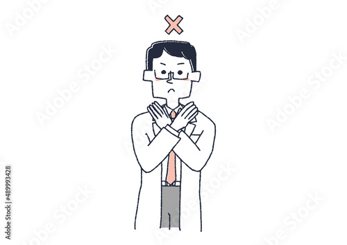 バツ印を手で作っている男性医師　コミカルな手書きの人物　ベクター、線画にシンプルな色つけ　
