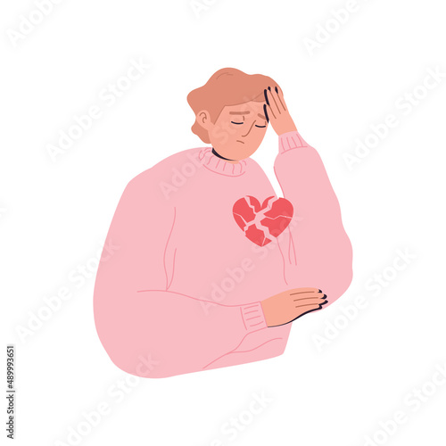 An unhappy man with a broken heart. Codependency. Unrequited, rejected love. A sad parting. A painful condition. Cartoon vector illustration on a white isolated background.