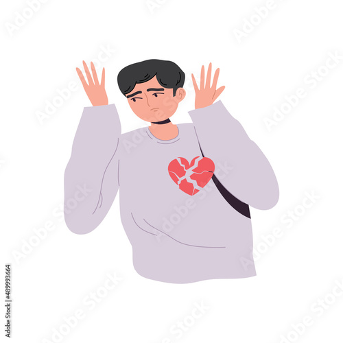 An unhappy man with a broken heart. Codependency. Unrequited, rejected love. A sad parting. A painful condition. Cartoon vector illustration on a white isolated background.