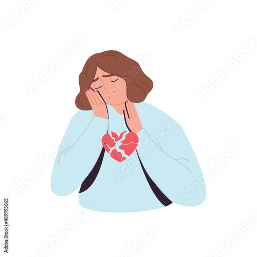 An unhappy woman with a broken heart. Codependency. Unrequited, rejected love. A sad parting. A painful condition. Cartoon vector illustration on a white isolated background.
