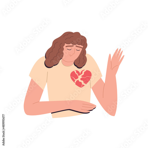 An unhappy woman with a broken heart. Codependency. Unrequited, rejected love. A sad parting. A painful condition. Cartoon vector illustration on a white isolated background.