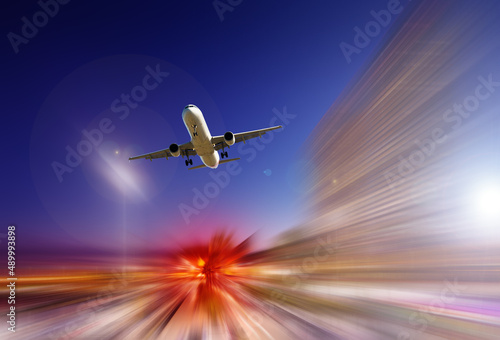 Airliner in motion on background of high speed traveling in sky