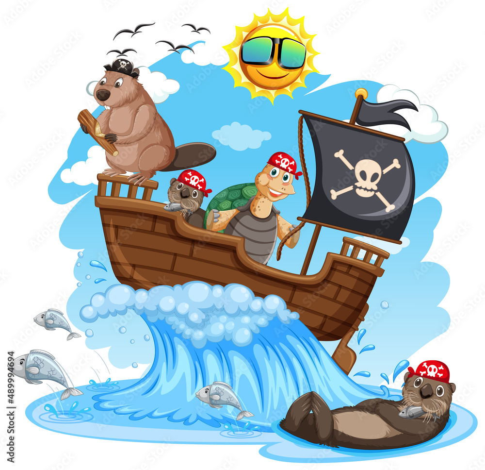 Naklejka premium Beavers and turtle on pirate ship with ocean wave