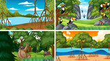 Four scenes with wild animals in the forest