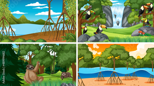 Four scenes with wild animals in the forest