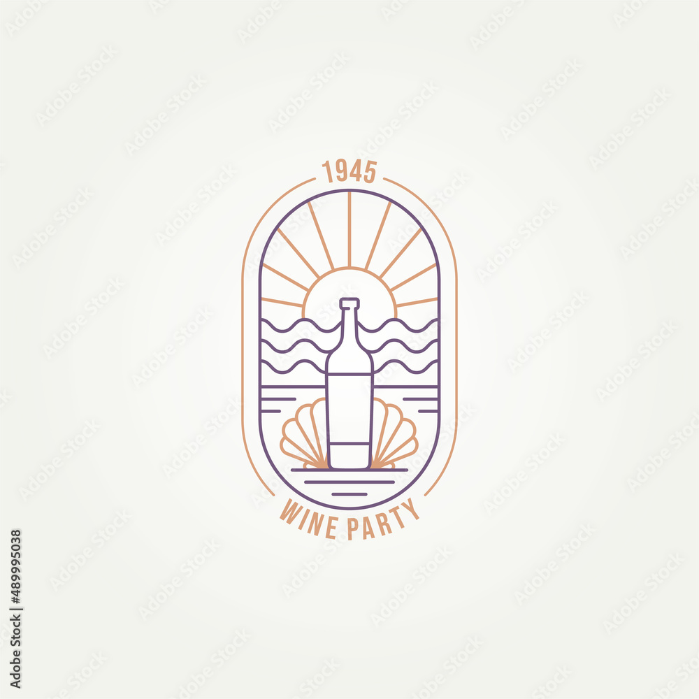 wine party simple line art badge logo template vector illustration design. wine bottle with clam shell in the beach or ocean view minimalist emblem logo concept wine party simple line art badge logo template vector illustration design. wine bottle with clam shell in the beach or ocean view minimalist emblem logo concept