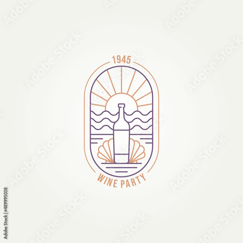wine party simple line art badge logo template vector illustration design. wine bottle with clam shell in the beach or ocean view minimalist emblem logo concept