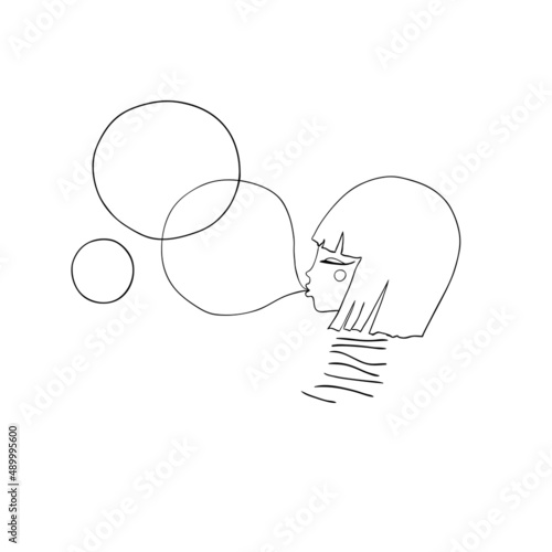 girl inflates bubbles gum. vector contour illustration.