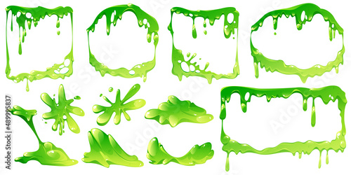 Green slime frames and elements isolated vector set. Liquid toxic ooze borders square, rectangle and round shapes with blobs and dripping. Sticky goo, jelly or syrup fluid splats, Cartoon illustration