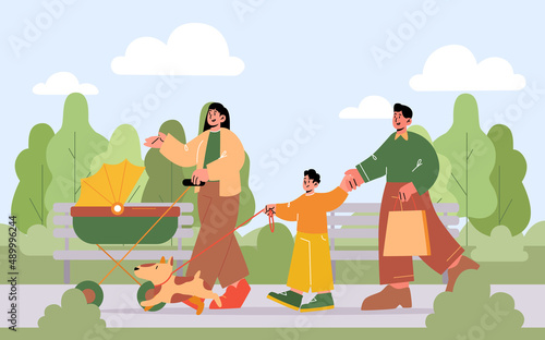 Family walk with dog and baby carriage in park. Vector flat illustration of summer landscape with green trees, benches and walking happy people with kids and pet