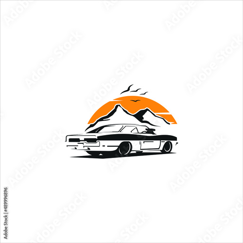 classic car movie illustration, black car and mountain silhouette  logo design