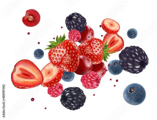 Mix berries smooth fruit Splashing of Tropical fruits isolated on white background. Vector in 3D illustrations. photo