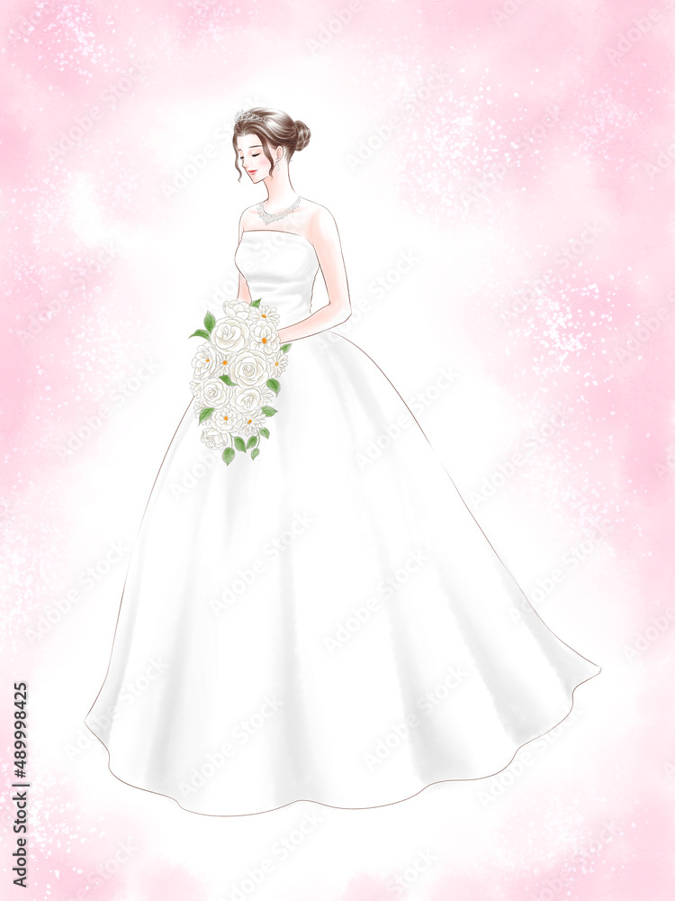 Fototapeta premium Bride painted in digital watercolor(Pink background) 