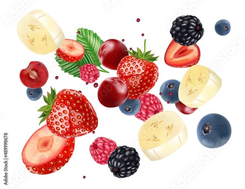 Mix fruits Splashing of Tropical fruits isolated on white background. Vector in 3D illustrations.