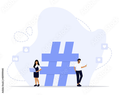 Hashtag SEO Vector Illustration Concept Showing how a hastag keyword has been plan for a good SEO, Suitable for landing page, ui, web, App intro card, editorial, flyer, and banner.