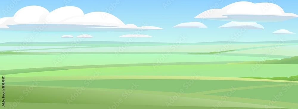 Agriculture fields on flat terrain. Rural landscape. Horizontal village nature illustration. Cute country hills. Flat style. Vector