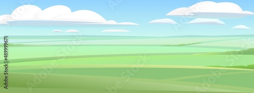 Agriculture fields on flat terrain. Rural landscape. Horizontal village nature illustration. Cute country hills. Flat style. Vector